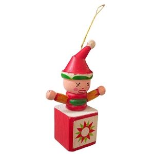 Vintage Wooden Jack In A Box Clown Christmas Ornament Red Green Collectible